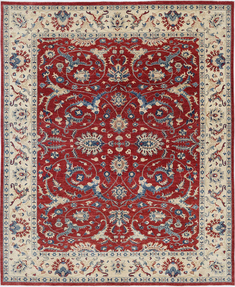 Traditional Hand Knotted Ziegler Farhan Wool Rug of Size 7'10'' X 9'9'' in Red and Ivory Colors - Made in Afghanistan