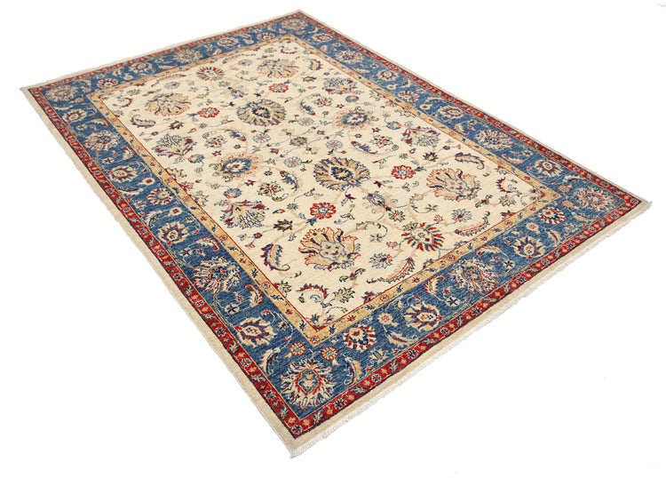 Traditional Hand Knotted Ziegler Farhan Wool Rug of Size 4'10'' X 6'7'' in Ivory and Blue Colors - Made in Afghanistan