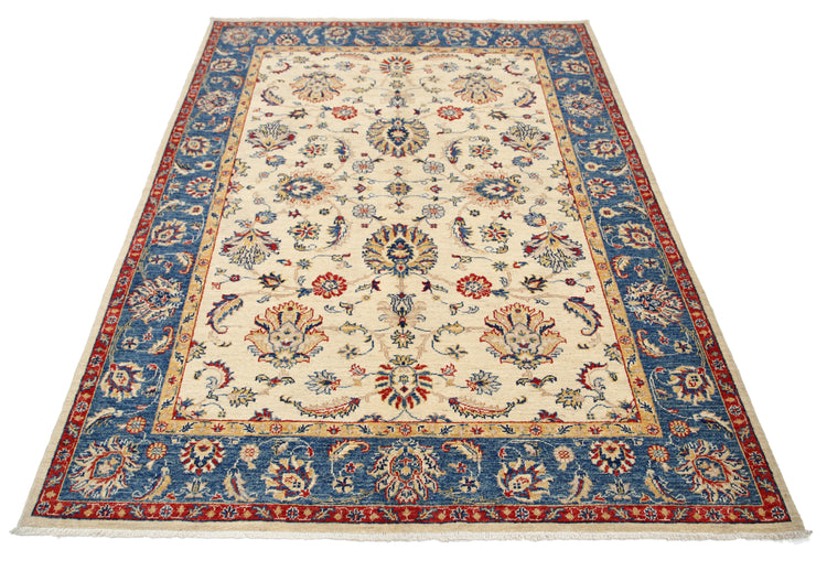 Traditional Hand Knotted Ziegler Farhan Wool Rug of Size 4'10'' X 6'7'' in Ivory and Blue Colors - Made in Afghanistan