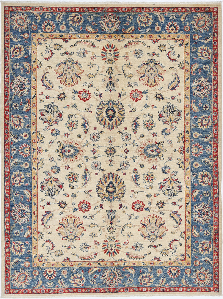 Traditional Hand Knotted Ziegler Farhan Wool Rug of Size 4'10'' X 6'7'' in Ivory and Blue Colors - Made in Afghanistan