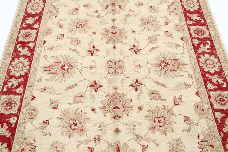Traditional Hand Knotted Ziegler Farhan Wool Rug of Size 5'0'' X 6'8'' in Ivory and Red Colors - Made in Afghanistan