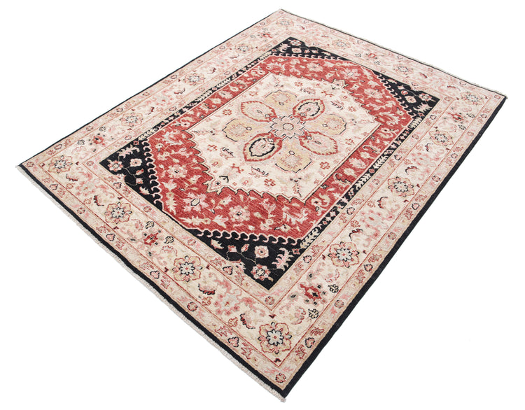 Traditional Hand Knotted Ziegler Farhan Wool Rug of Size 4'10'' X 6'2'' in Black and Ivory Colors - Made in Afghanistan