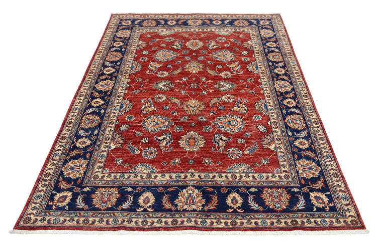 Traditional Hand Knotted Ziegler Farhan Wool Rug of Size 4'10'' X 6'11'' in Red and Blue Colors - Made in Afghanistan