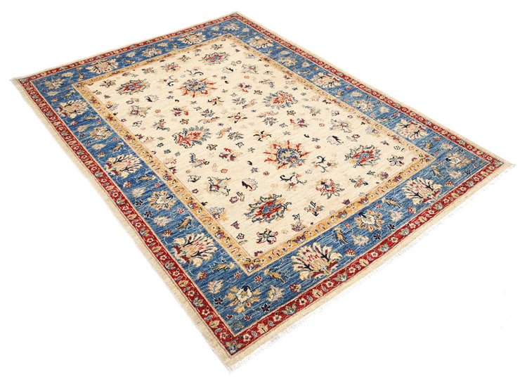 Traditional Hand Knotted Ziegler Farhan Wool Rug of Size 5'0'' X 6'7'' in Ivory and Blue Colors - Made in Afghanistan