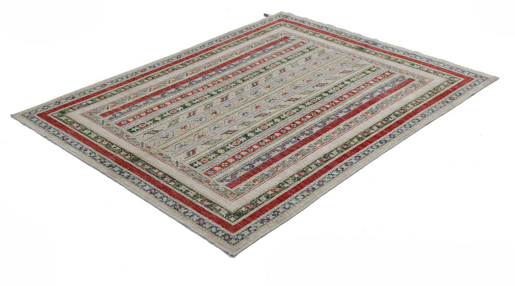Traditional Hand Knotted Shaal Farhan Wool Rug of Size 4'10'' X 6'6'' in Ivory and Multi Colors - Made in Afghanistan