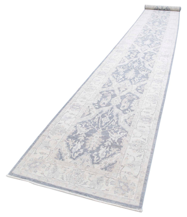 Traditional Hand Knotted Serenity Farhan Wool Rug of Size 3'3'' X 25'6'' in Grey and Ivory Colors - Made in Afghanistan