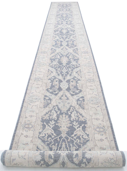 Traditional Hand Knotted Serenity Farhan Wool Rug of Size 3'3'' X 25'6'' in Grey and Ivory Colors - Made in Afghanistan