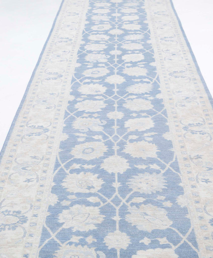 Traditional Hand Knotted Serenity Farhan Wool Rug of Size 3'11'' X 26'5'' in Blue and Ivory Colors - Made in Afghanistan