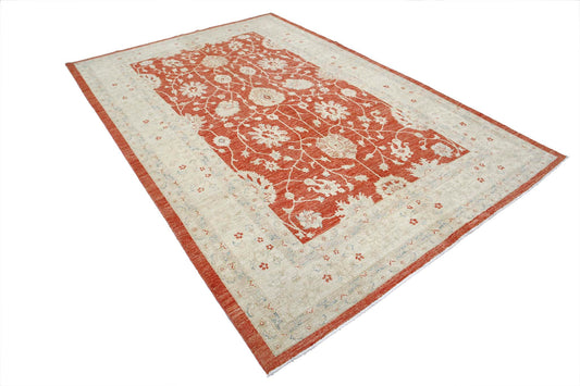 Traditional Hand Knotted Serenity Farhan Wool Rug of Size 6'8'' X 9'9'' in Red and Ivory Colors - Made in Afghanistan