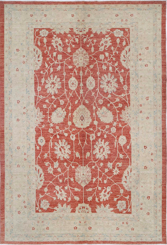Traditional Hand Knotted Serenity Farhan Wool Rug of Size 6'8'' X 9'9'' in Red and Ivory Colors - Made in Afghanistan