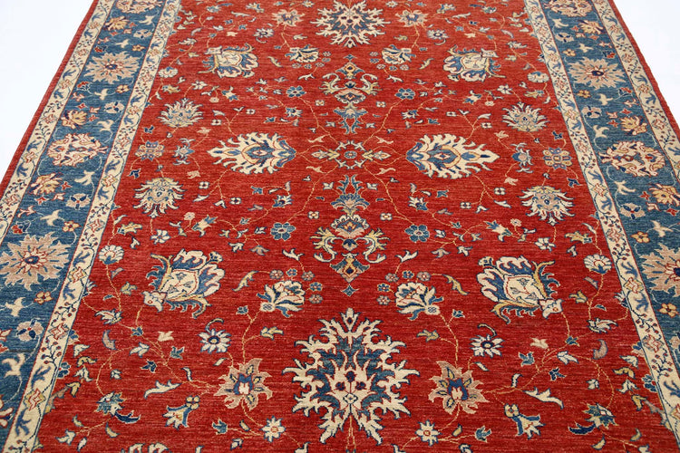 Traditional Hand Knotted Ziegler Farhan Wool Rug of Size 6'5'' X 9'3'' in Red and Teal Colors - Made in Afghanistan