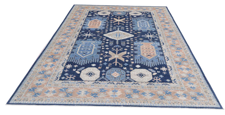 Traditional Hand Knotted Ziegler Farhan Wool Rug of Size 6'8'' X 9'8'' in Blue and Rust Colors - Made in Afghanistan