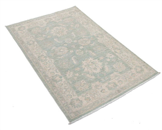 Traditional Hand Knotted Serenity Farhan Wool Rug of Size 3'2'' X 4'9'' in Green and Ivory Colors - Made in Afghanistan