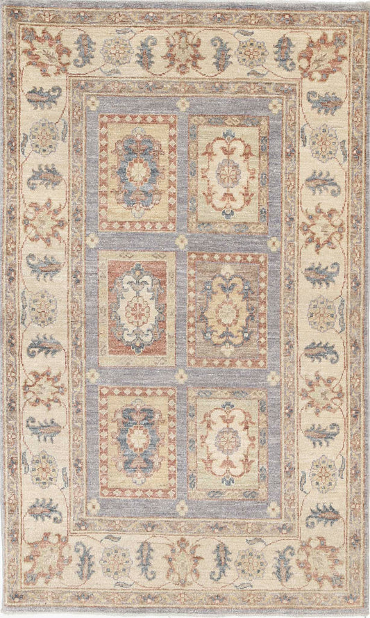 Traditional Hand Knotted Ziegler Farhan Wool Rug of Size 3'0'' X 5'0'' in Grey and Ivory Colors - Made in Afghanistan