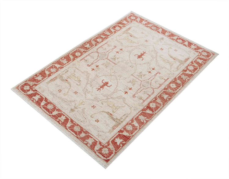Traditional Hand Knotted Ziegler Farhan Wool Rug of Size 2'7'' X 3'10'' in Ivory and Red Colors - Made in Afghanistan