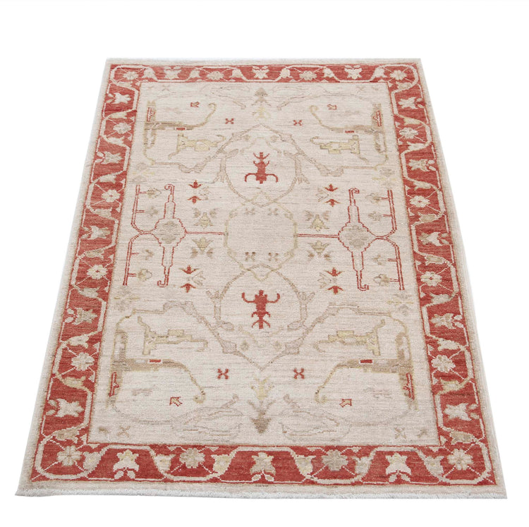 Traditional Hand Knotted Ziegler Farhan Wool Rug of Size 2'7'' X 3'10'' in Ivory and Red Colors - Made in Afghanistan