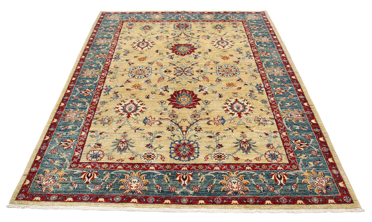 Traditional Hand Knotted Ziegler Farhan Wool Rug of Size 5'9'' X 7'4'' in Gold and Teal Colors - Made in Afghanistan