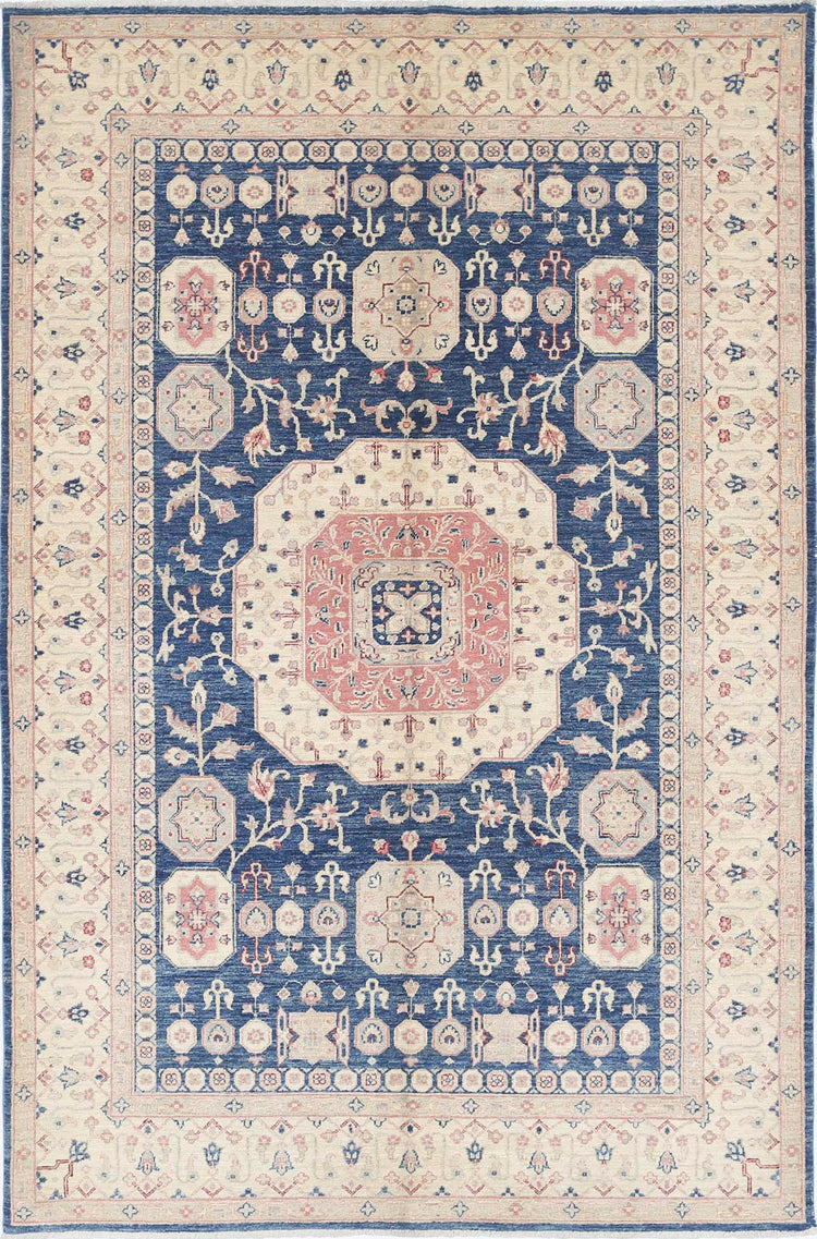Traditional Hand Knotted Ziegler Farhan Wool Rug of Size 5'5'' X 8'5'' in Blue and Ivory Colors - Made in Afghanistan