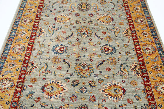 Traditional Hand Knotted Ziegler Farhan Wool Rug of Size 5'6'' X 7'9'' in Grey and Gold Colors - Made in Afghanistan
