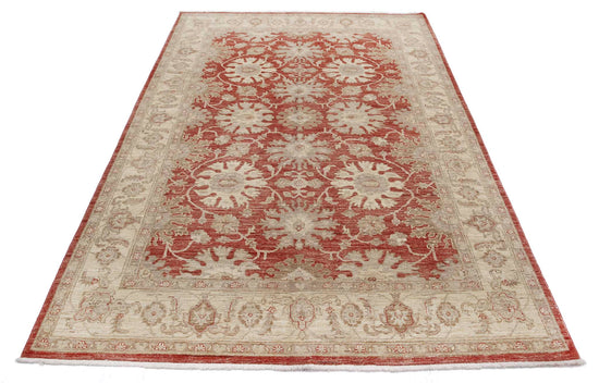 Traditional Hand Knotted Ziegler Farhan Wool Rug of Size 5'5'' X 8'0'' in Red and Ivory Colors - Made in Afghanistan