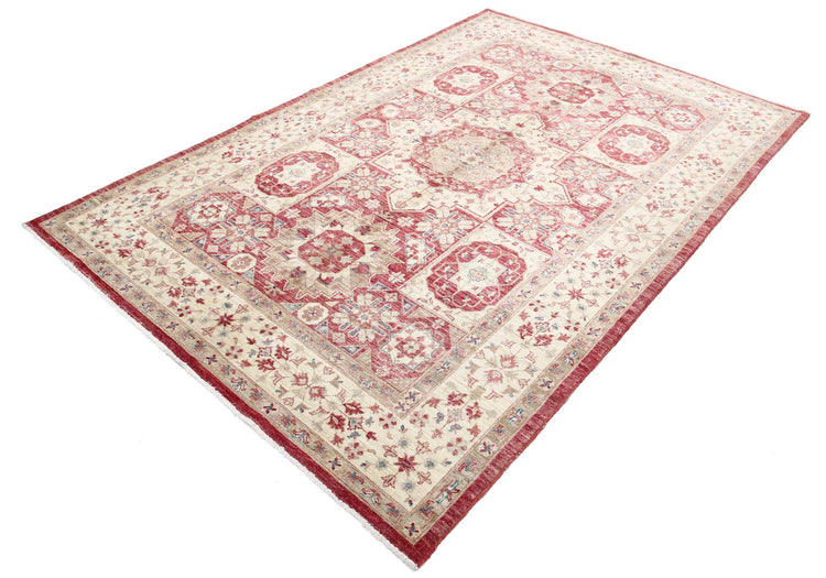 Traditional Hand Knotted Ziegler Farhan Wool Rug of Size 5'7'' X 8'4'' in Red and Ivory Colors - Made in Afghanistan