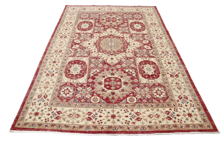Traditional Hand Knotted Ziegler Farhan Wool Rug of Size 5'7'' X 8'4'' in Red and Ivory Colors - Made in Afghanistan