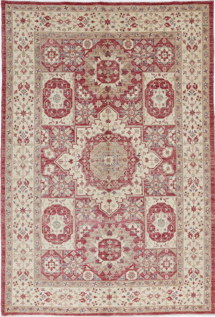 Traditional Hand Knotted Ziegler Farhan Wool Rug of Size 5'7'' X 8'4'' in Red and Ivory Colors - Made in Afghanistan