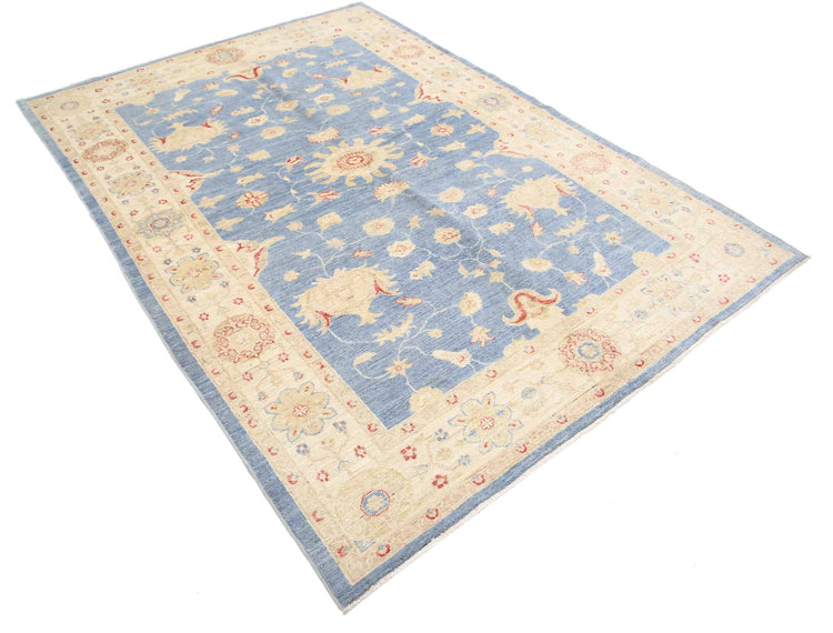 Traditional Hand Knotted Ziegler Farhan Wool Rug of Size 5'7'' X 7'7'' in Blue and Ivory Colors - Made in Afghanistan