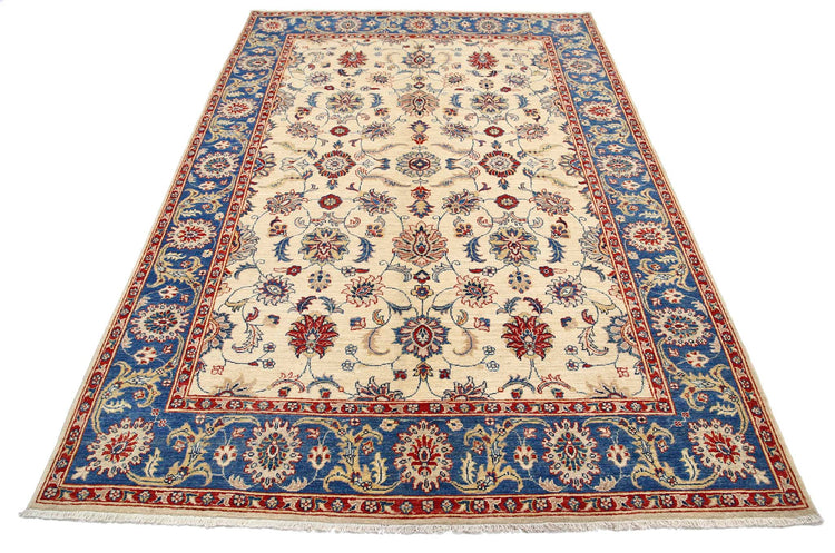 Traditional Hand Knotted Ziegler Farhan Wool Rug of Size 5'5'' X 7'11'' in Ivory and Blue Colors - Made in Afghanistan