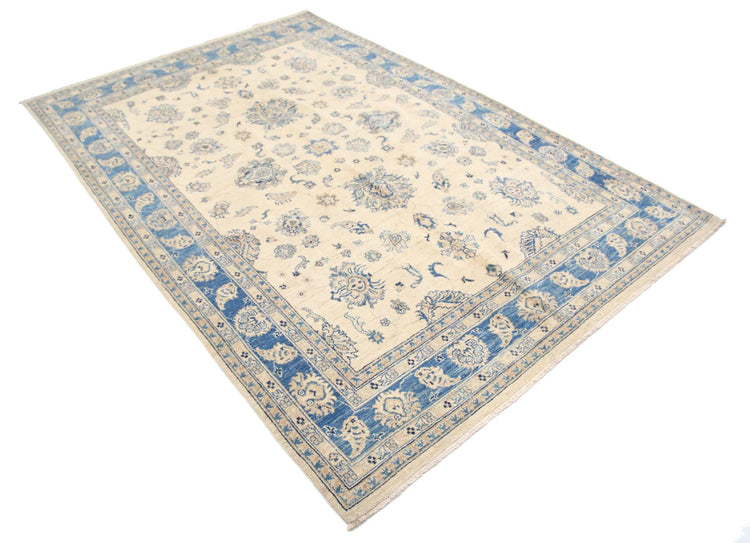 Traditional Hand Knotted Serenity Farhan Wool Rug of Size 5'6'' X 8'1'' in Ivory and Blue Colors - Made in Afghanistan