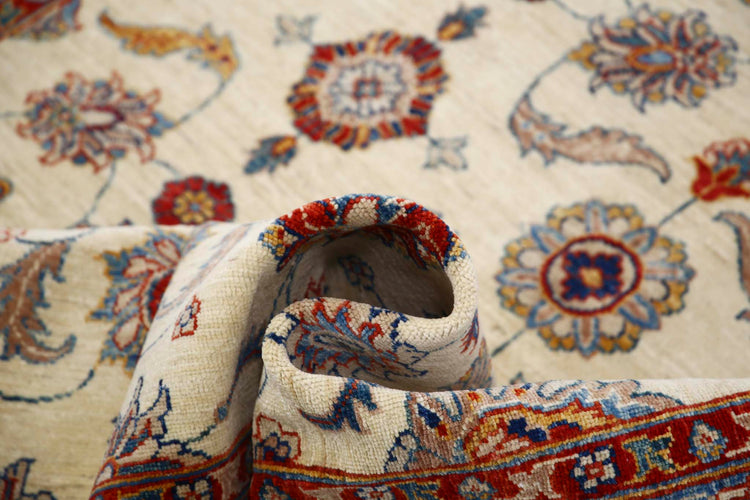 Traditional Hand Knotted Ziegler Farhan Wool Rug of Size 5'5'' X 7'8'' in Ivory and Blue Colors - Made in Afghanistan