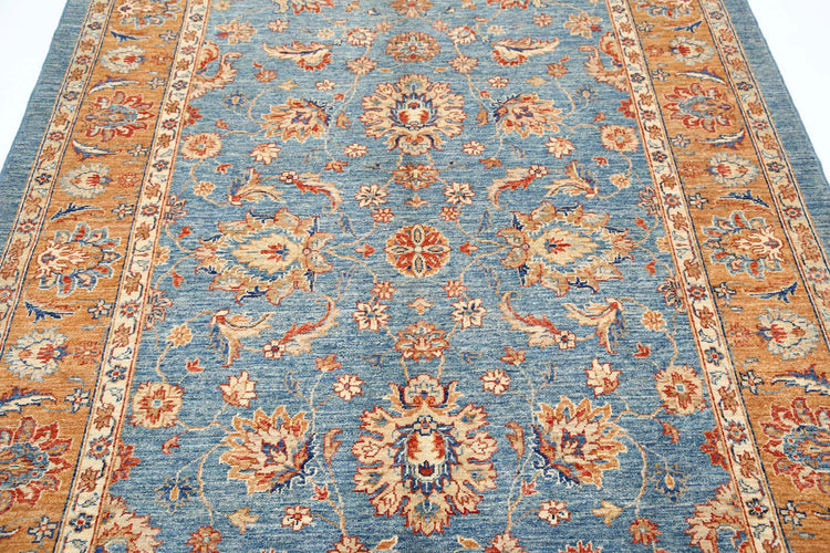 Traditional Hand Knotted Ziegler Farhan Wool Rug of Size 5'8'' X 7'9'' in Blue and Brown Colors - Made in Afghanistan