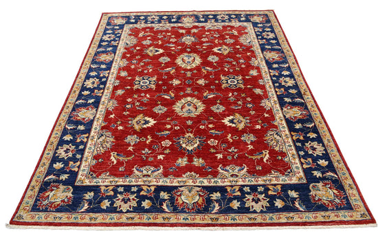 Traditional Hand Knotted Ziegler Farhan Wool Rug of Size 5'7'' X 7'4'' in Red and Blue Colors - Made in Afghanistan