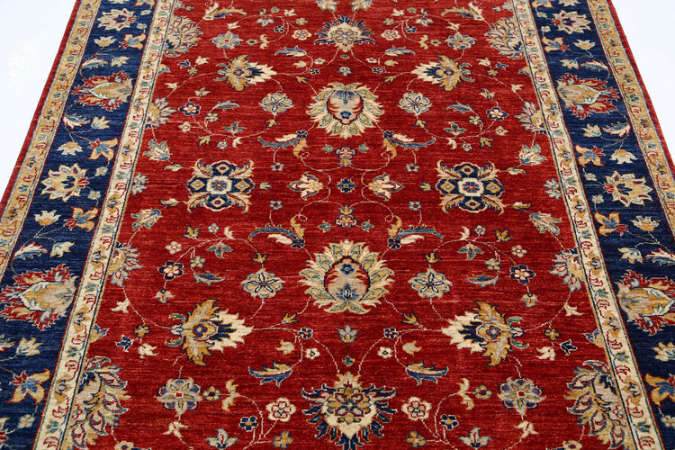 Traditional Hand Knotted Ziegler Farhan Wool Rug of Size 5'7'' X 7'4'' in Red and Blue Colors - Made in Afghanistan