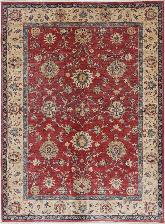 Traditional Hand Knotted Ziegler Farhan Wool Rug of Size 5'7'' X 8'1'' in Red and Ivory Colors - Made in Afghanistan
