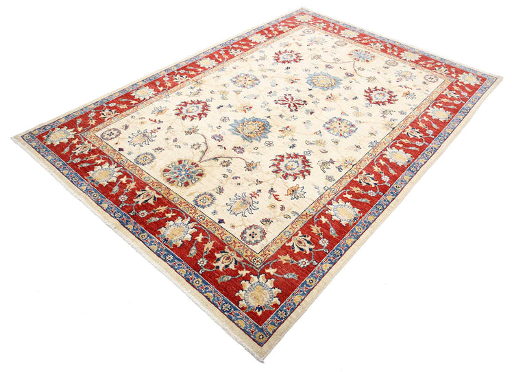 Traditional Hand Knotted Ziegler Farhan Wool Rug of Size 5'8'' X 8'2'' in Ivory and Red Colors - Made in Afghanistan