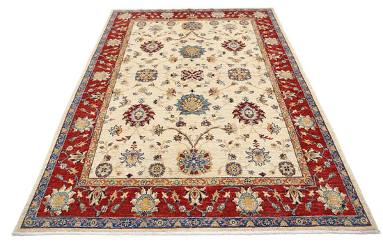 Traditional Hand Knotted Ziegler Farhan Wool Rug of Size 5'8'' X 8'2'' in Ivory and Red Colors - Made in Afghanistan