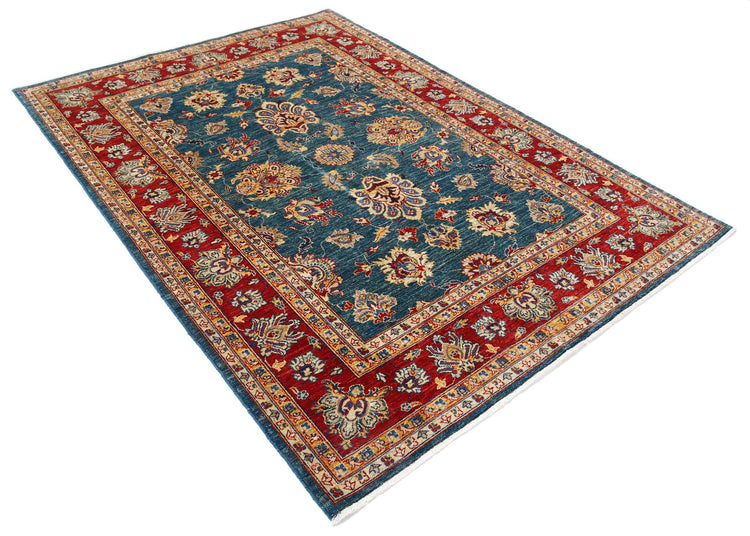 Traditional Hand Knotted Ziegler Farhan Wool Rug of Size 5'6'' X 7'7'' in Teal and Red Colors - Made in Afghanistan