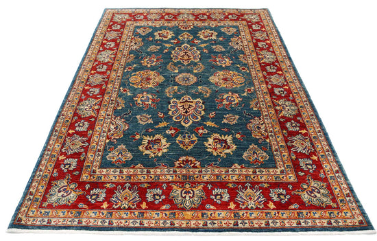 Traditional Hand Knotted Ziegler Farhan Wool Rug of Size 5'6'' X 7'7'' in Teal and Red Colors - Made in Afghanistan