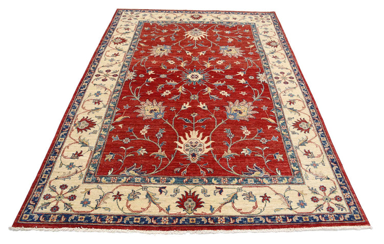 Traditional Hand Knotted Ziegler Farhan Wool Rug of Size 5'6'' X 7'10'' in Red and Ivory Colors - Made in Afghanistan