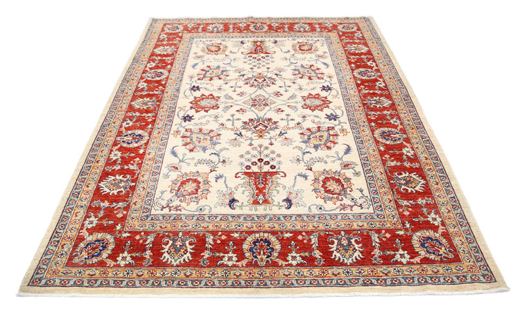 Traditional Hand Knotted Ziegler Farhan Wool Rug of Size 5'8'' X 7'10'' in Ivory and Red Colors - Made in Afghanistan