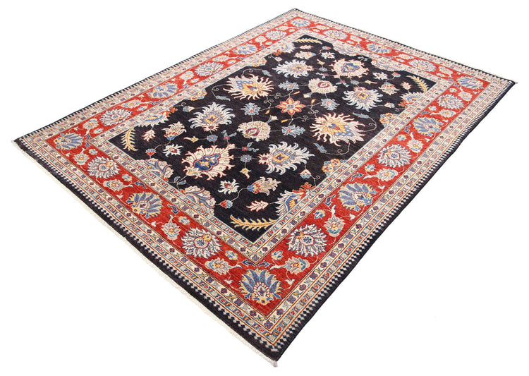 Traditional Hand Knotted Ziegler Farhan Wool Rug of Size 5'8'' X 7'7'' in Black and Red Colors - Made in Afghanistan