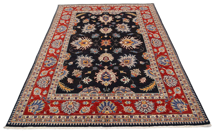 Traditional Hand Knotted Ziegler Farhan Wool Rug of Size 5'8'' X 7'7'' in Black and Red Colors - Made in Afghanistan