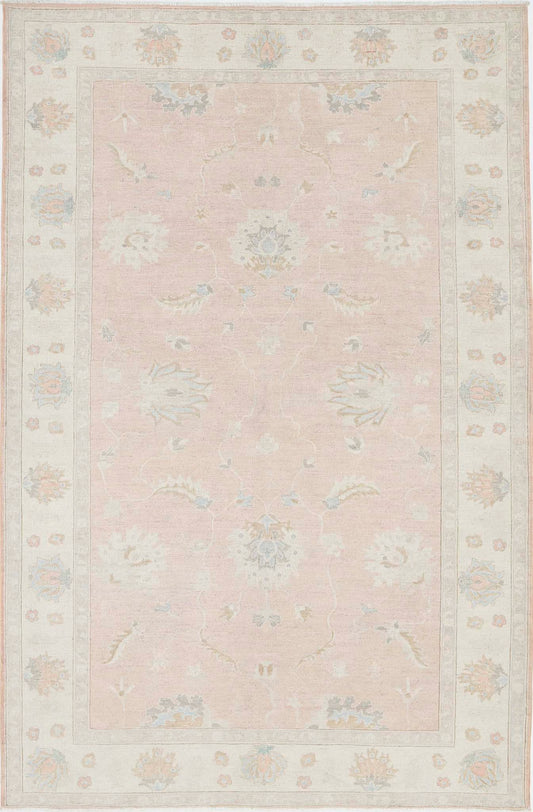 Traditional Hand Knotted Serenity Farhan Wool Rug of Size 5'11'' X 8'11'' in Peach and Ivory Colors - Made in Afghanistan