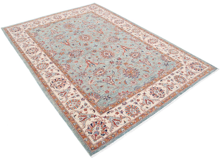 Traditional Hand Knotted Ziegler Farhan Wool Rug of Size 5'8'' X 7'10'' in Green and Ivory Colors - Made in Afghanistan