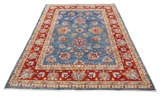 Traditional Hand Knotted Ziegler Farhan Wool Rug of Size 5'6'' X 7'11'' in Blue and Red Colors - Made in Afghanistan