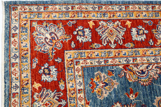 Traditional Hand Knotted Ziegler Farhan Wool Rug of Size 5'6'' X 7'11'' in Blue and Red Colors - Made in Afghanistan