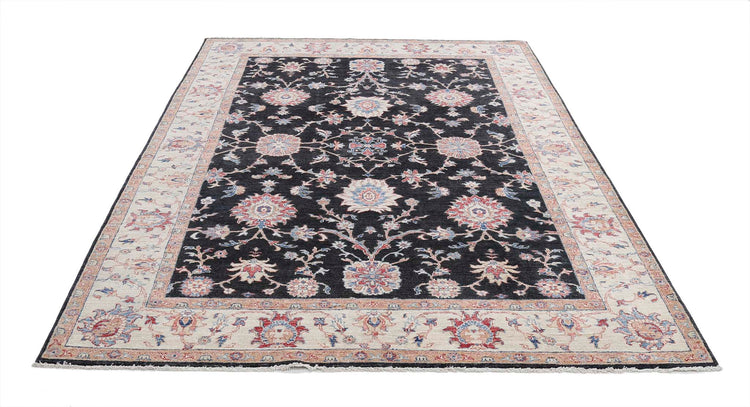 Traditional Hand Knotted Sultanabad Farhan Wool Rug of Size 5'11'' X 8'4'' in Ivory and Black Colors - Made in Afghanistan