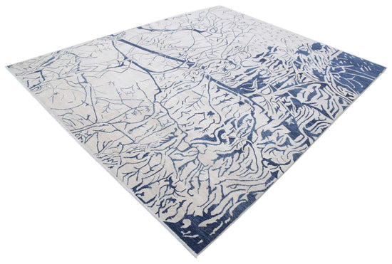 Modern Hand Knotted Abstract Farhan Wool Rug of Size 8'0'' X 9'8'' in Ivory and Blue Colors - Made in Afghanistan