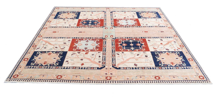 Traditional Hand Knotted Heriz Haji Jalili Wool Rug of Size 8'0'' X 8'0'' in Ivory and Ivory Colors - Made in Afghanistan